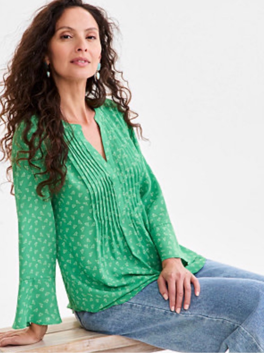 Style & Co Printed Pintuck Ruffle Sleeve Blouse